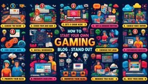 DALL·E 2024 05 13 23.21.31 An infographic titled How to Start Your Own Gaming Blog and Stand Out. It features eight key steps  1. Choose Your Niche and Name 2. Set Up Domain