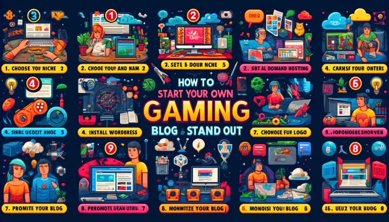 DALL·E 2024 05 13 23.21.31 An infographic titled How to Start Your Own Gaming Blog and Stand Out. It features eight key steps  1. Choose Your Niche and Name 2. Set Up Domain