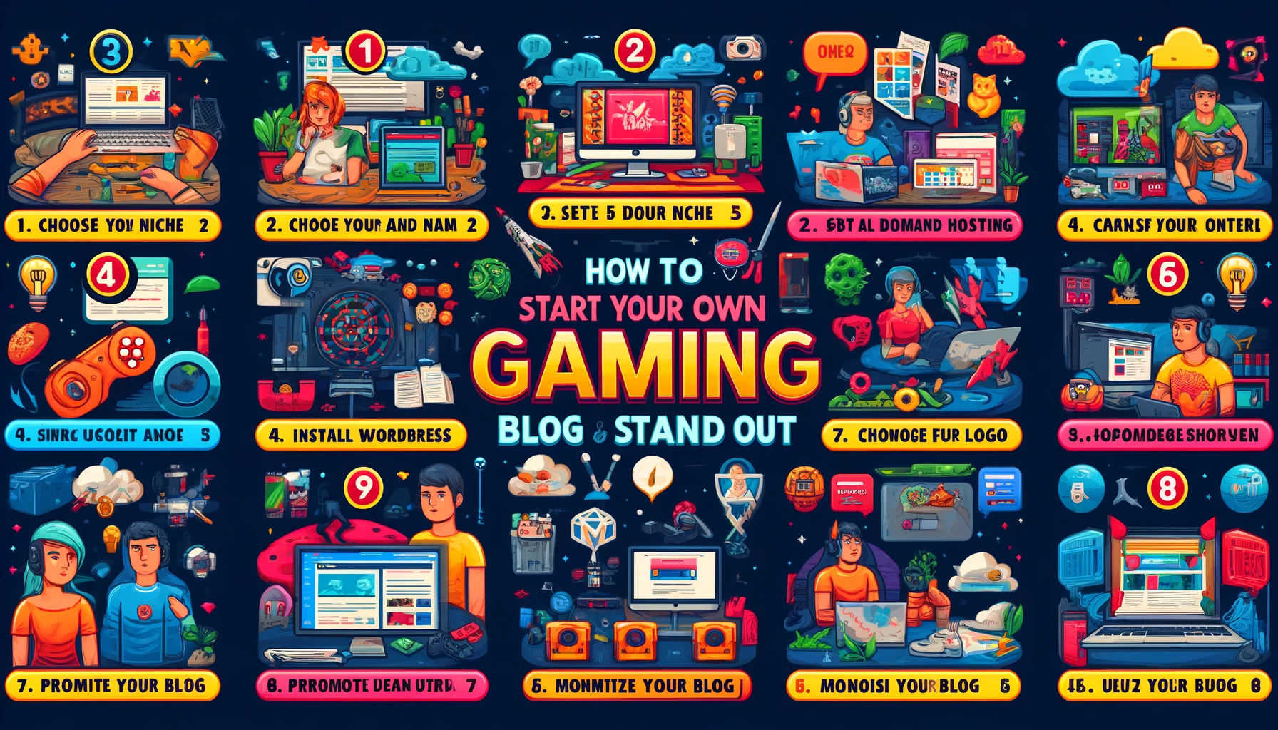 DALL·E 2024 05 13 23.21.31 An infographic titled How to Start Your Own Gaming Blog and Stand Out. It features eight key steps  1. Choose Your Niche and Name 2. Set Up Domain